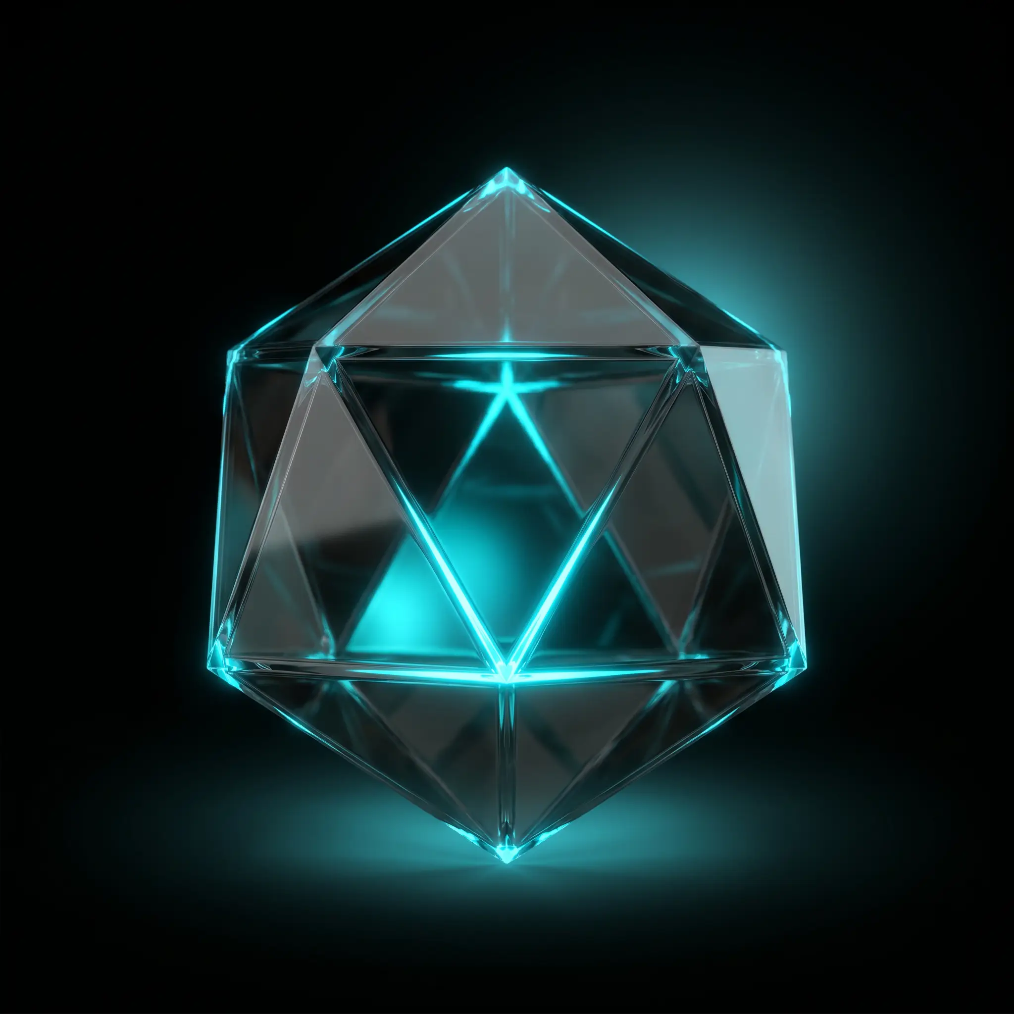 Interaktives 3D-Core aus Glas mit leuchtenden Cyan-Kanten, in Echtzeit gerendert